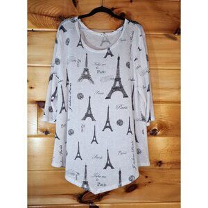 RUE JUJU-2X-Beige with Black "Paris" Print Sweater, Elbow Length Sleeves